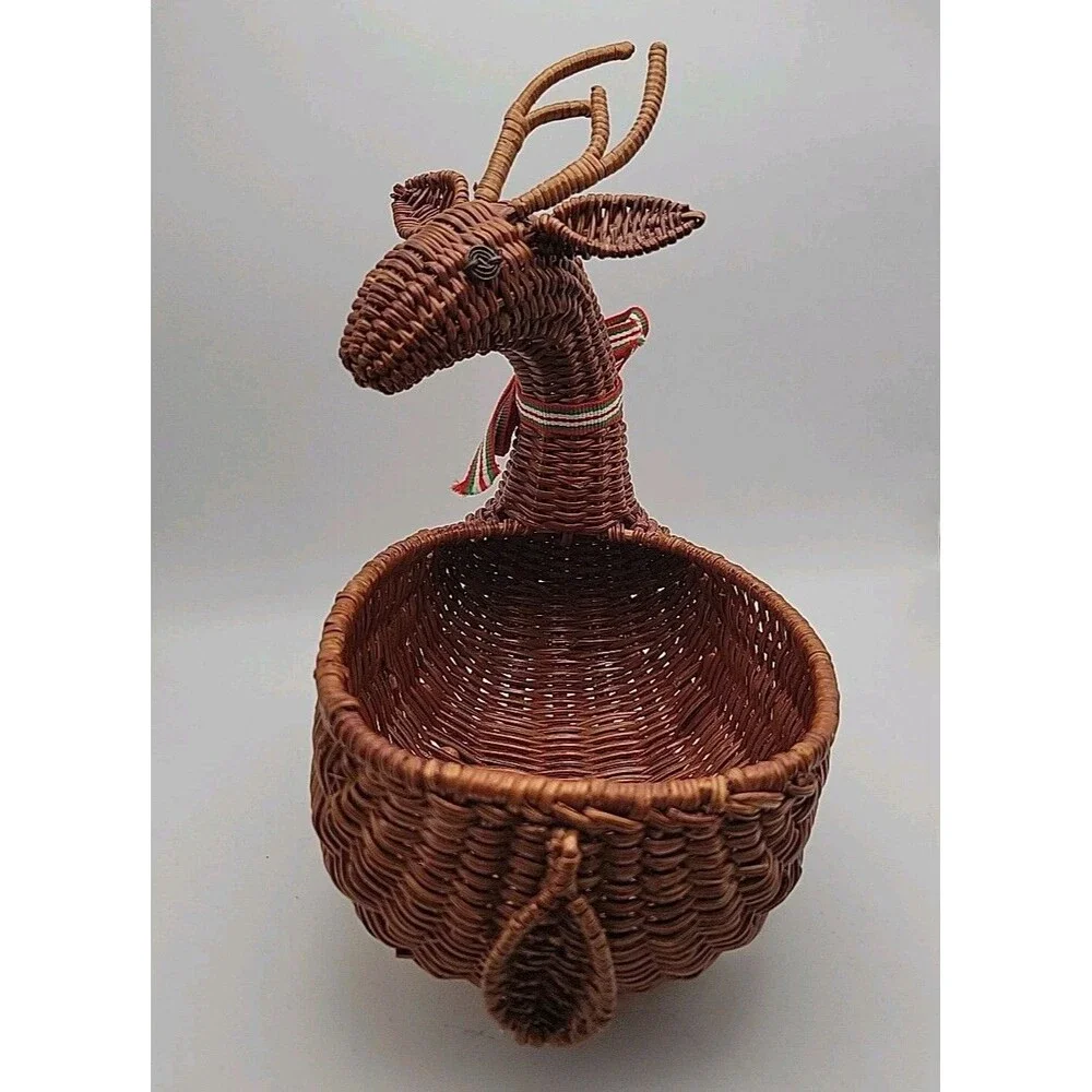 Wicker Christmas Holiday Reindeer Decorative Basket Home Decor Rattan Santa